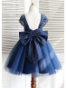 Cap Sleeves Navy Blue Lace Tulle Lovely Flower Girl Dress